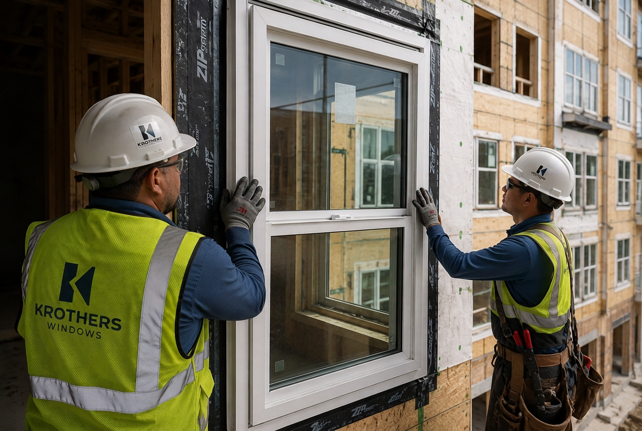 Krothers team members installing a window system on a multifamily construction site
